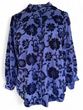 Pilcro Blue Floral Velvet Appliqué Button-Down Shirt